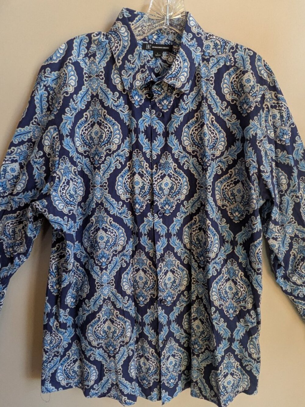 INC international concepts men L blue paisley cotton long sleeve button #767